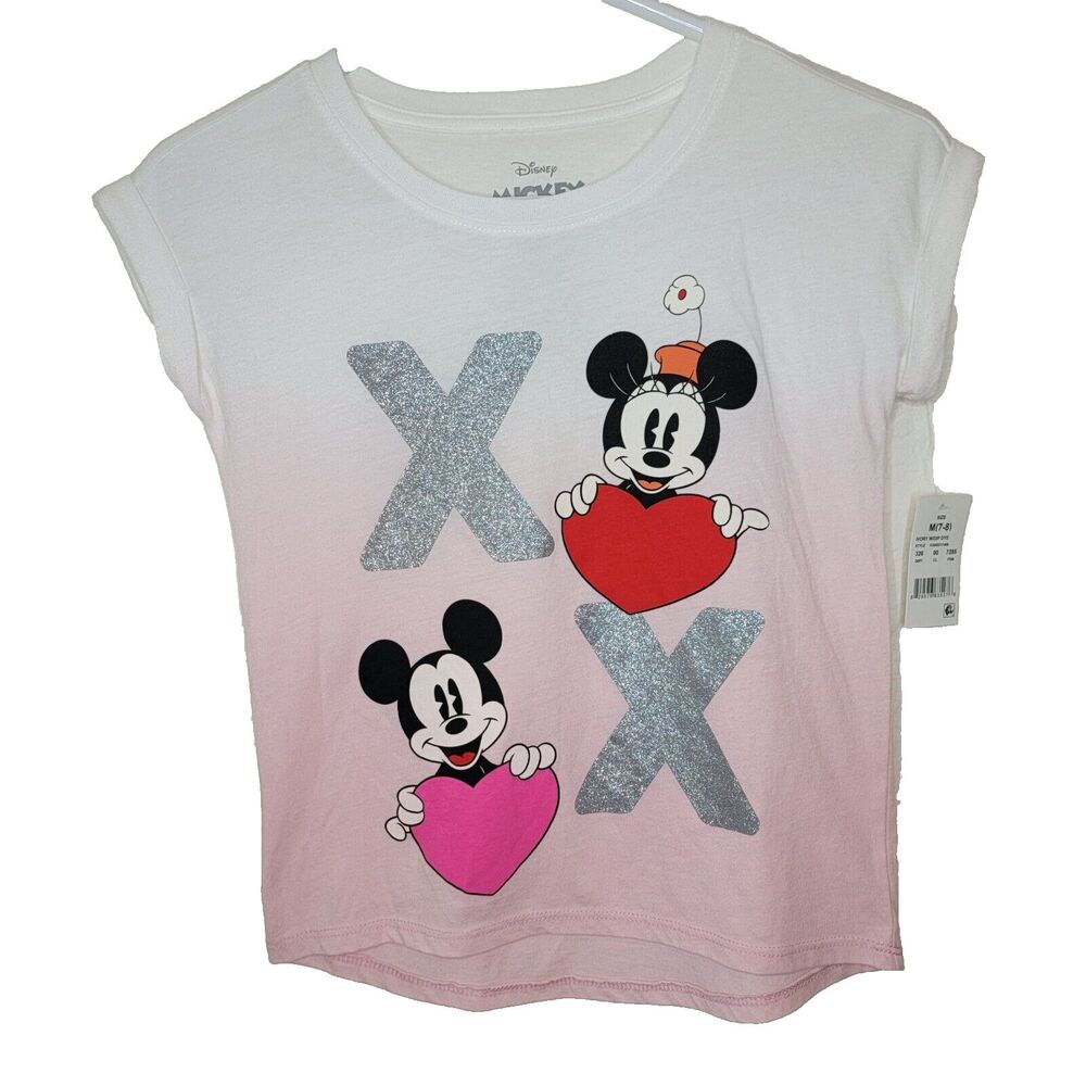 Disney Mickey & Minnie Mouse Girls M 7-8 XOXO White Faded Pink T-shirt